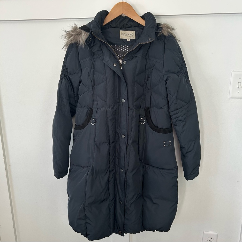 Long Down Maternity Puffer Coat with Faux Fur Trim - Dark Blue